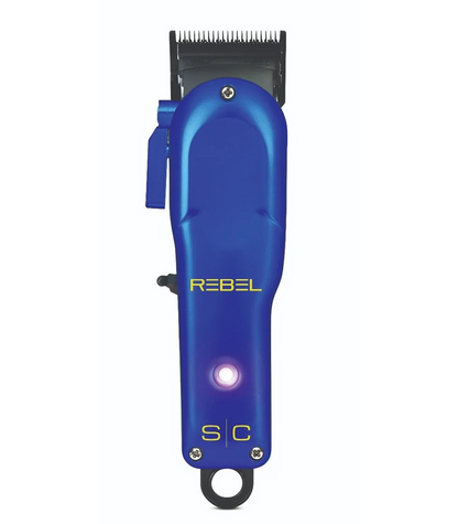 Blue hair clipper with 'REBEL' branding on a white background