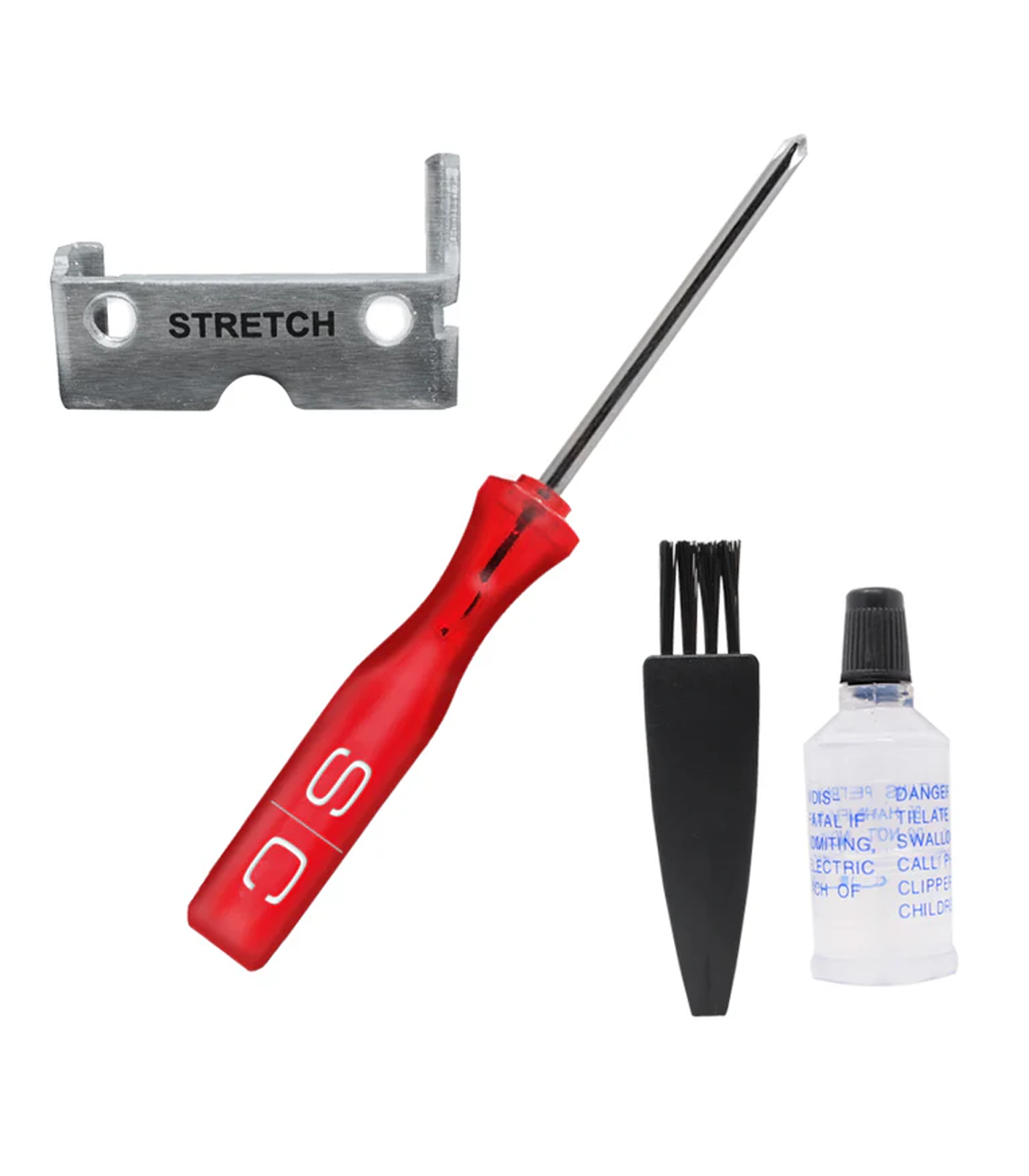 Set of cleaning tools including a red handle tool, metal blade, black brush, and small bottle on a white background.